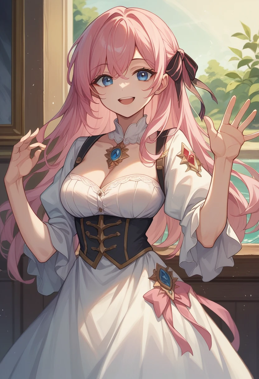 ((Best quality)), ((masterpiece)), (detailed), ((perfect face)), One Girl、Pink Hair、blue eyes、A white dress with black lace、large pink ribbon on the chest、Ocean、Waving、smile