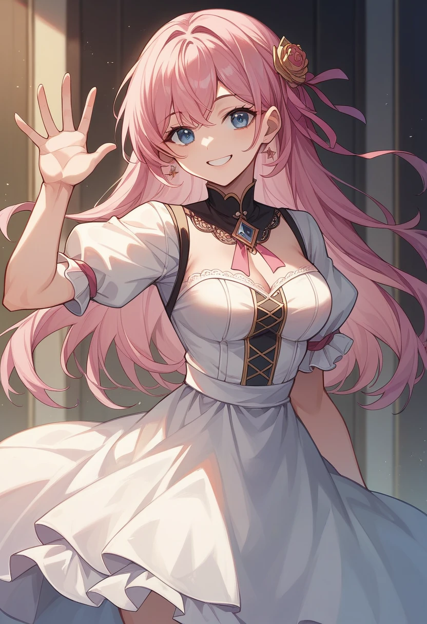 ((Best quality)), ((masterpiece)), (detailed), ((perfect face)), One Girl、Pink Hair、blue eyes、A white dress with black lace、large pink ribbon on the chest、Ocean、Waving、smile