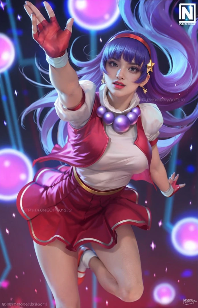 (female:1.2), 8k, ultra hd, ultra detailed texture, hyper realistic, masterpiece, detailed texture, detailed face, detailed skin, detailed lighting, (photorealistic:1.5), best quality, beautiful lighting, cinematic lighting, professional lighting, ultra highres, realistic, detailed hair, real hair, high quality, (realskin:1.5), extremely detailed, finely detail, ultra-detailed, 1girl, solo, elf, pointy ears, standing, demon horns, forehead protector, (red eyes:1.5), v-shapped eyebrow, lips, red lips, evil smile, nose, make up, pretty, beautiful, cute face, long hair, blue hair, high ponytail, large , cleavagt, navel, stomach, black armor, pauldrons, bare shoulders, shoulder armor, thigh high, sleevless, detached sleeves, breastplate, gas, karina \(mobile legends\), depth of field, looking aways, white skin, skin tight, amazing pose, outdoors, glowing, dark view, blurry background