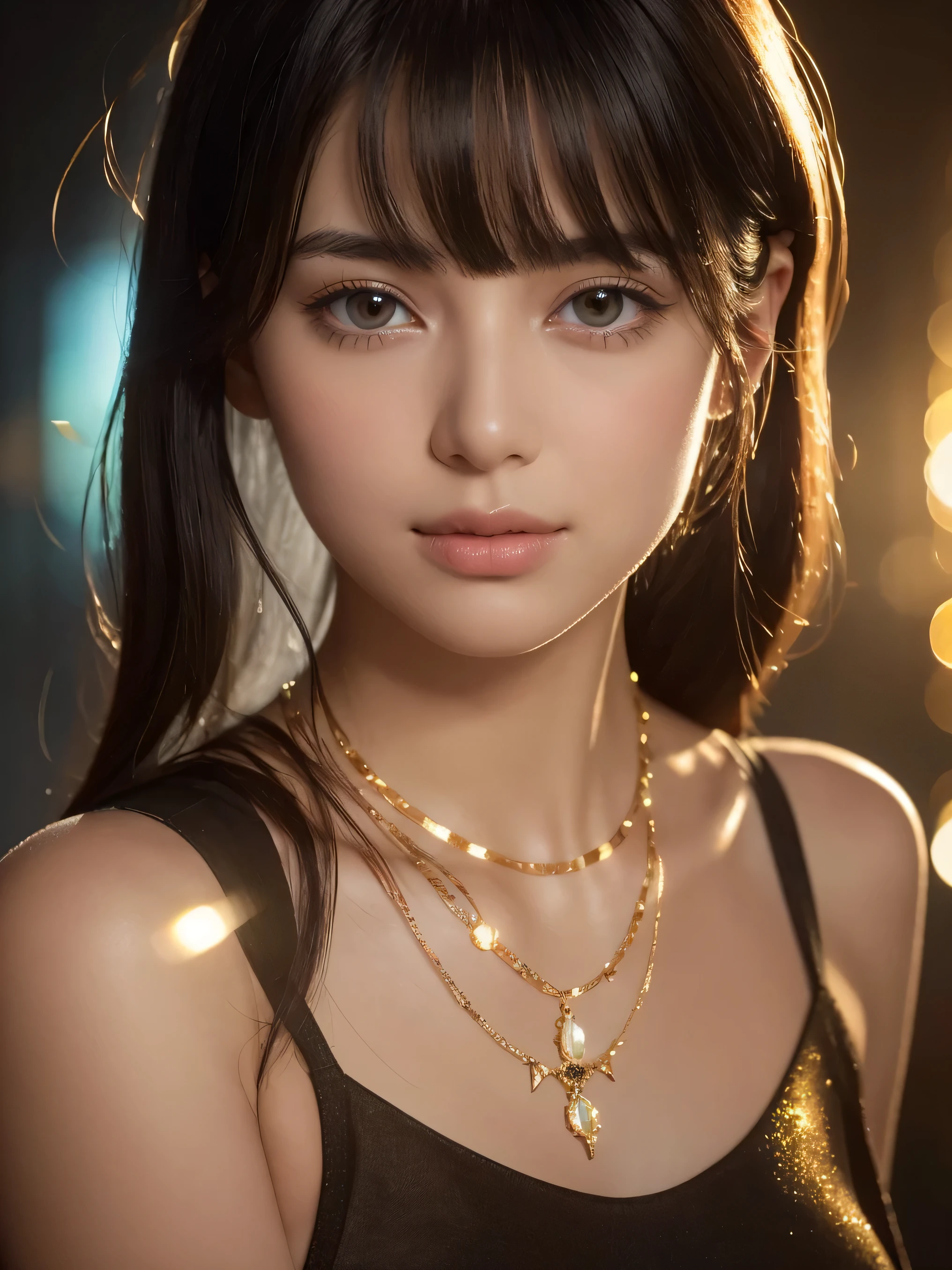 A captivating scene! A stunning French girl, Siena natural ratio, dressed in a tight police uniform, posed against a subtle gradient background. Her straight black hair with blunt bangs flows down her back, framing her symmetrical face with an expressionless gaze and soft smile. A gold necklace adorns her neck, complemented by a dark brown bracelet on her wrist. The ambient lighting casts a warm tone, as vibrant colors reflect off her iridescent scales, adding depth and dimensionality. Broken Glass effect enhances the scene's realism. Volumetric light creates auras around her, making her appear otherworldly. In the foreground, transparent glass flowers shimmer, adding to the breathtaking beauty.