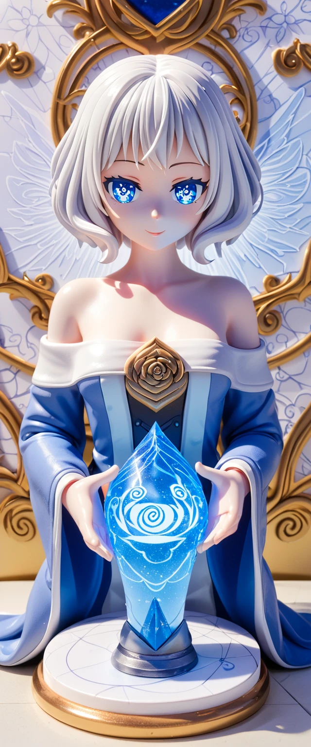 Sleet(Blue base color, white hair)、(Medium Hair)、White skin、((Long sleeve off-the-shoulder clothing))resolution, unity 8k wallpaper, (figure:0.8), (Detailed and beautiful eyes:1.6), Highly detailed face, Perfect lighting, Extremely detailed CG, (Perfect hands, Perfect Anatomy), ,