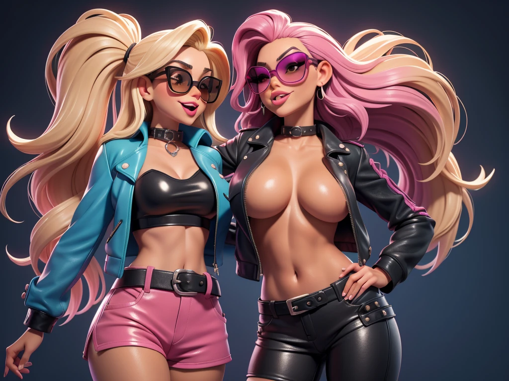 obra prima, melhor qualidade, ((hippie chicks, tan skin, long straight hair,)) head back, (sassy wicked sultry sneer, big teeth smile,) open mouth, pucker mouth, shiny periwinkle lipstick, ((sunglasses, sticking tongue out,)) thick smoky black eye shadow, long fake eyelashes, (cerulean blue leather jacket with puff shoulder,) biker jacket has stiff collar, leather blouse, ((magenta leather shorts with cuffs, pockets,)) studs zippers snaps, shiny leather gloves, nip slip, body is skinny, laying down hugging each other on sofa, shiny tight buttocks, arched back, mashing breasts, ((passionate kissing, pelvis grinding,)) camera view of whole body, looking up at me, shallow depth of field, highres, HD, 8k, anatomically correct