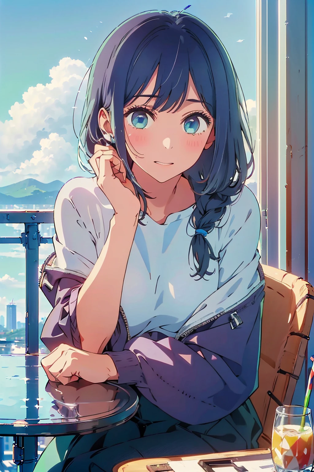 (Highest quality、masterpiece、超detailed、Ultra-high resolution、Absurd、Absolute Resolution、8K、detailed:1.4)、F cup bust、Big Breasts、Slim body、Very white beautiful skin、((((1 person、Surprised expression、sit、Chair、In the background are the urban buildings of Tokyo、looking at the camera、Outdoor café terrace、Navy hair color、juice、Shooting up close、Shooting from an angle、table、Very cute face))))、((((nude、very beautiful areola))))、(Pose with hands tucked behind ears:1.4、Cheek resting on hand:1.4)、((Off-the-shoulder blouson、Black blouson with zipper))、Very blue sky、A completely cloudless sky