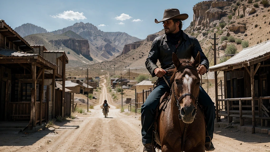 lone muscled gunslinger named Johnny riding into the deserted town of Redemption on his horse. Johnny wears black cowboy outfit, ultrarealistic, 8K ultra HD, Cinematic shot