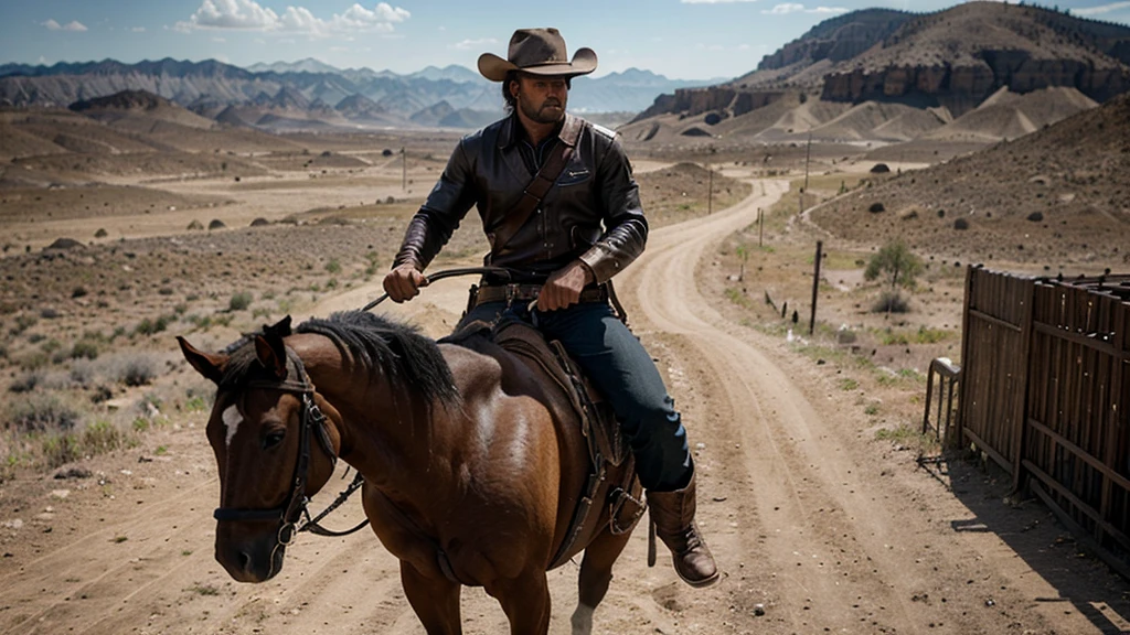 lone muscled gunslinger named Johnny riding into the deserted town of Redemption on his horse. Johnny wears black cowboy outfit, ultrarealistic, 8K ultra HD, Cinematic shot