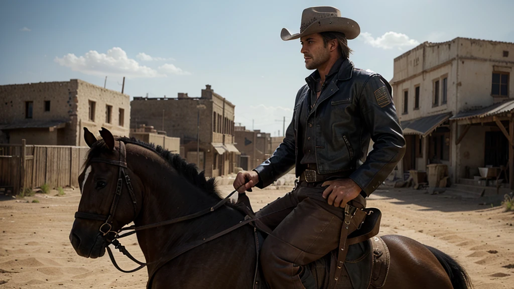 lone muscled gunslinger named Johnny riding into the deserted town of Redemption on his horse. Johnny wears black cowboy outfit, ultrarealistic, 8K ultra HD, Cinematic shot