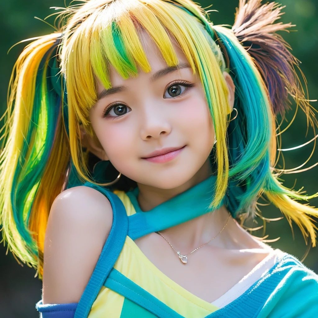 Create a vibrant anime-style girl portrait, Yellow to green、And multi-coloured hair that turns blue. A girl's hair should flow naturally., And she is big, Expressive blue eyes. Her expression should be soft and gentle, With a warm and kind smile. A combination of warm and cool colors is preferable for the background., Enhance a girl's hair. She should be wearing a black lace dress with detailed embellishments., Adding elegance to her appearance. The overall atmosphere of the artwork is bright.、It should be attractive, Capture the girl's sweet and friendly demeanor. Draw the whole body"