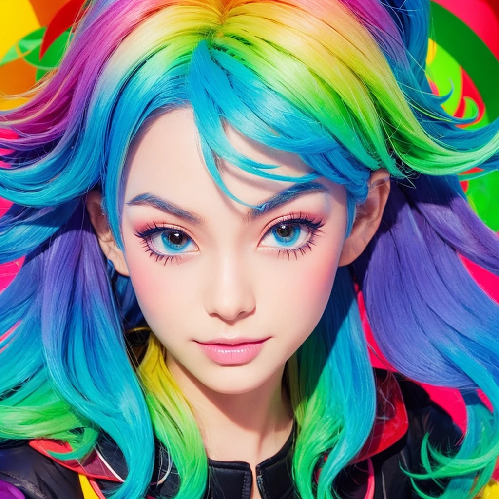 Create a vibrant anime-style girl portrait, Yellow to green、And multi-coloured hair that turns blue. A girl's hair should flow naturally., And she is big, Expressive blue eyes. Her expression should be soft and gentle, With a warm and kind smile. A combination of warm and cool colors is preferable for the background., Enhance a girl's hair. She should be wearing a black lace dress with detailed embellishments., Adding elegance to her appearance. The overall atmosphere of the artwork is bright.、It should be attractive, Capture the girl's sweet and friendly demeanor. Draw the whole body"
