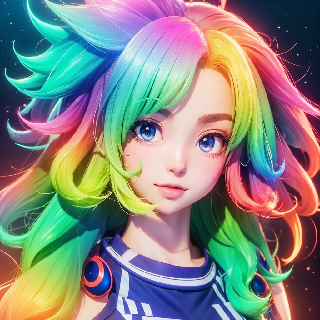 Create a vibrant anime-style girl portrait, Yellow to green、And multi-coloured hair that turns blue. A girl&#39;s hair should flow naturally., And she is big, Expressive blue eyes. Her expression should be soft and gentle, With a warm and kind smile. A combination of warm and cool colors is preferable for the background., Enhance a girl&#39;s hair. She should be wearing a black lace dress with detailed embellishments., Adding elegance to her appearance. The overall atmosphere of the artwork is bright.、It should be attractive, Capture the girl&#39;s sweet and friendly demeanor.　Draw the whole body"
