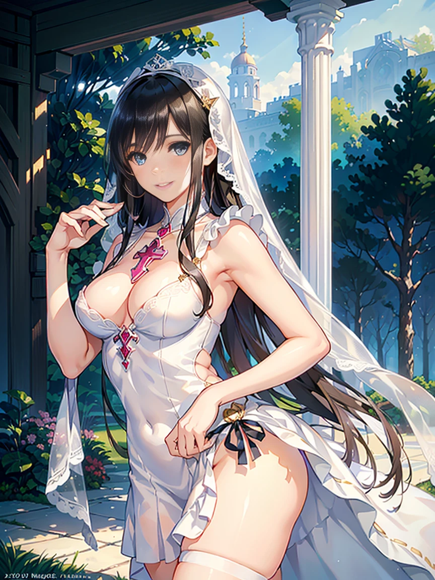 (masterpiece:1.2, Highest quality), (Realistic, photoRealistic:1.4), Beautiful illustrations, (Natural Side Lighting, Cinema Lighting), , Looking at the audience, 1 Girl, , high school girl, Perfect Face, Cute symmetrical face, Shiny skin, (Shiny black hair:1.5, Straight Hair:1.5, ((very long back hair)), Crossed bangs, Blue eyes, Big eyes, Droopy eyes, Long eyelashes, (Large Breasts, Curvy waist,Small Ass), Stylish, Beautiful Hair, Beautiful Face, Fine and beautiful eyes, Beautiful clavicle, Beautiful body, Beautiful breasts, Beautiful thighs, Beautiful legs, Beautiful fingers, ((White habit, Puff Sleep, White dress, White monastery dress), ((White Veil)), (Beautiful views), morning, (Outdoor), walk, (Cute Smile, Upward glance, Part your lips), 形の良いLarge Breasts, Beautiful breasts, Blue Eyes. Pink Rouge. Smiling Slim Body, Long, slender limbs, Gold cross around neck