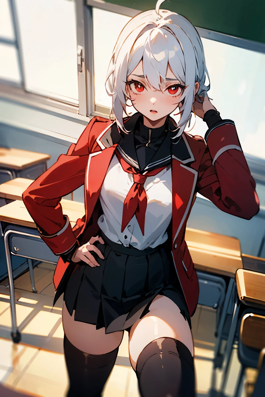 ((best quality)), ((masterpiece)), (detailed), 1girl, anime girl, white hair,
High school students,Classroom background, black stockings, sexy,4k quality,Vitality girl,red pupils,red coat