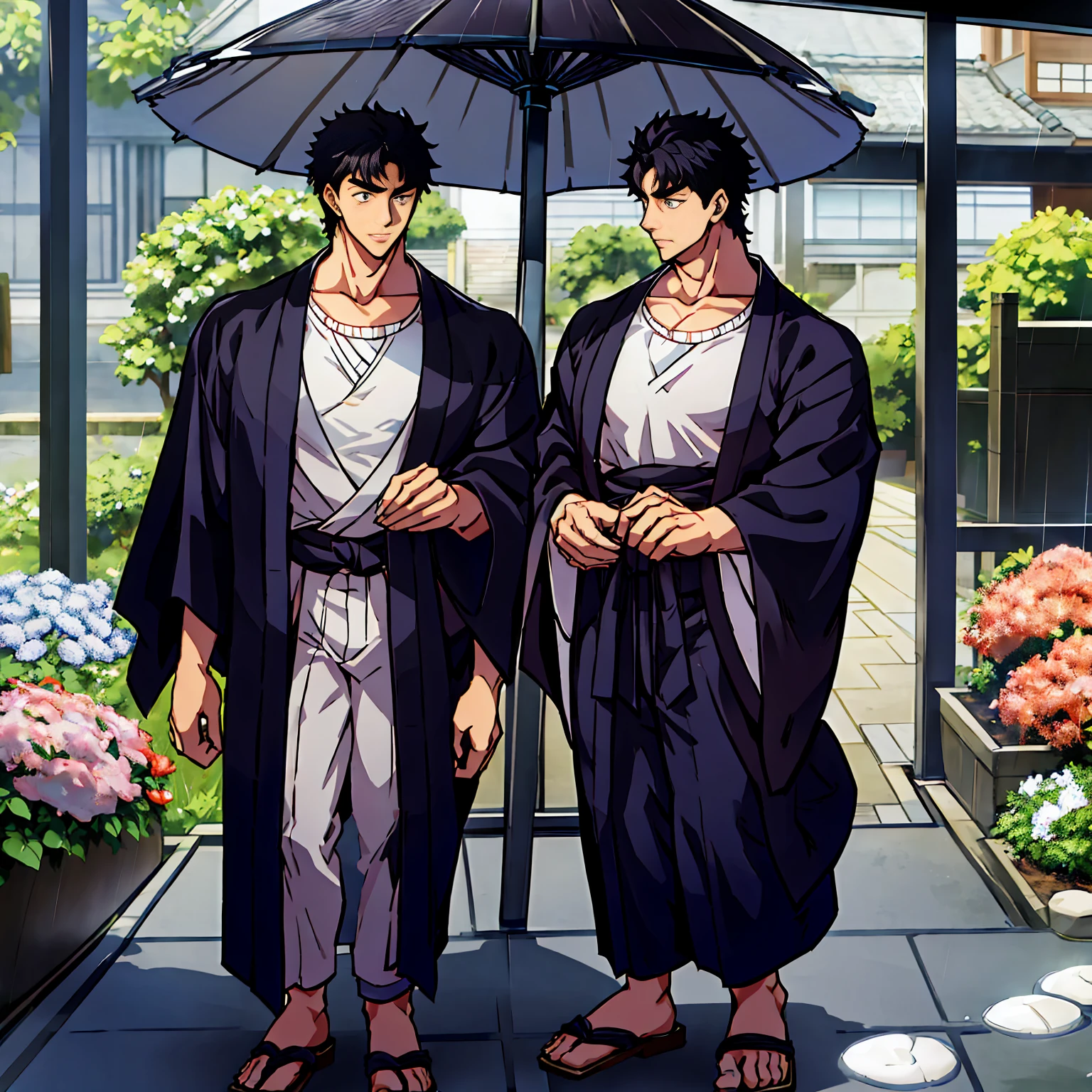 Japanese male, alone, full body visible, young man in late 20s, young man standing in rain, holding Japanese umbrella, surrounded by hydrangea flowers, picturesque Japanese cityscape, anime-like image, high resolution, fantastic atmosphere, looking directly at us, Shinkai Makoto, Shinkai Makoto style, Young man standing on right side, thin young man, serious expression, black hair, navy blue kimono kimono, black obi, black geta, person to right, left side empty, top quality, clear eyes