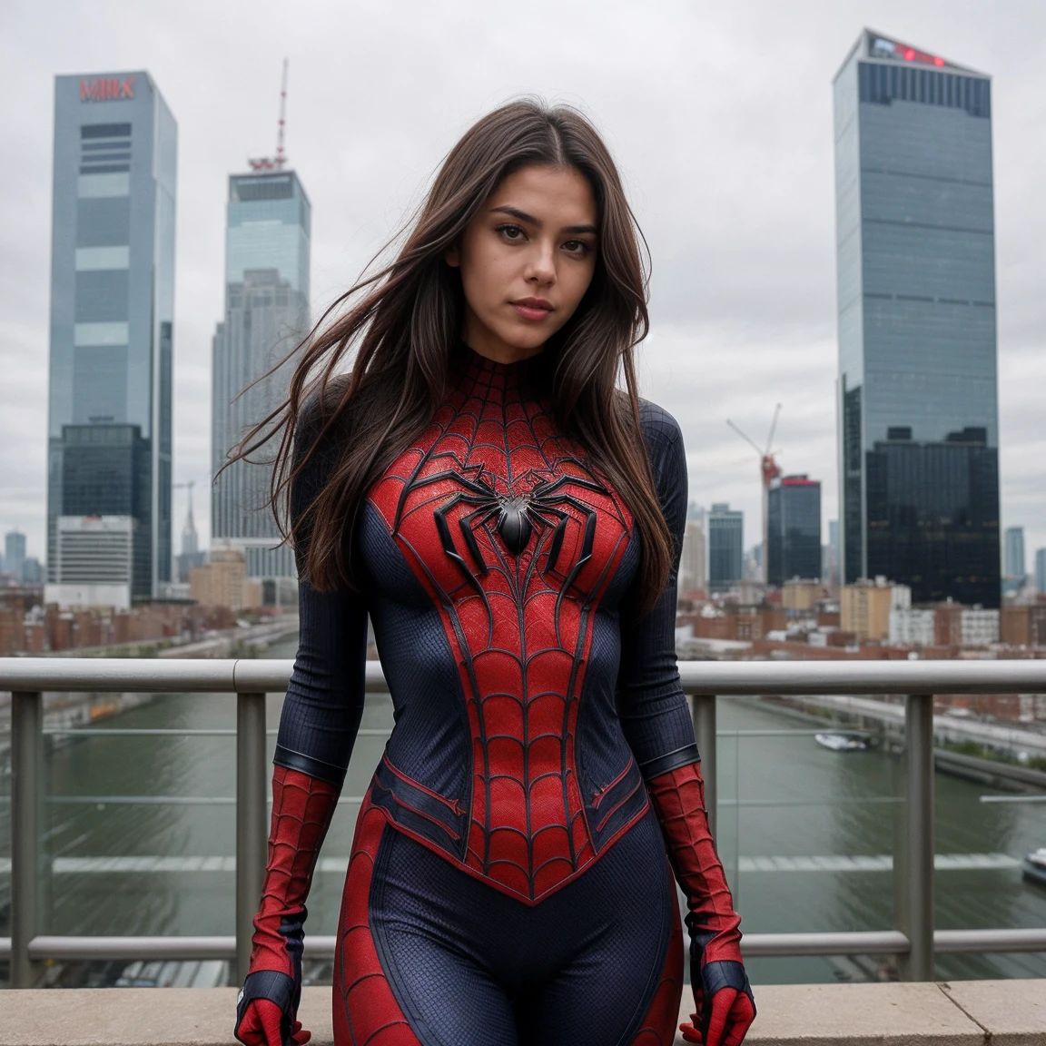 Create an image of a sexy and tall dark brunette with slightly wavy hair, standing at 175cm tall. The woman should be dressed in a sexy spiderman cosplay costume that showcases her hourglass figure and sexy body. The image should be captured on top of a building in a city, with the cityscape visible in the background. The image should be captured in a way that emphasizes the woman's cute face and natural beauty, with a focus on creating a dynamic and alluring image that combines the allure of the spiderman character with the sex appeal of the woman's body and the excitement of the city setting, viki odintcova