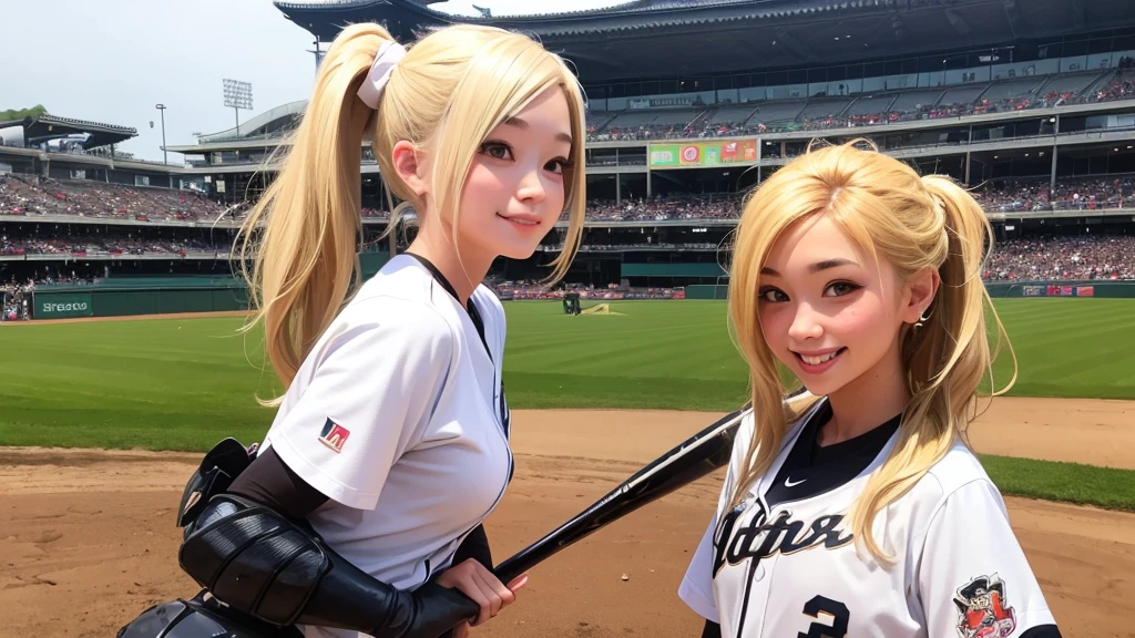 A beautiful courtesan happily plays baseball at Hanshin Koshien Stadium。Sexy smile、Blonde ponytail、armor、Himeji castle