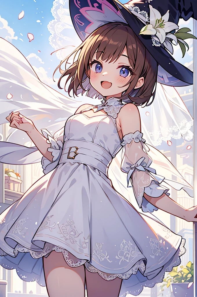 Anime style,cute  girl,cool beauty,brown short bob hair,inward hair,white shining lily wreaths halo floating overhead,(Light leaks through gaps in lace,sheer lace),
luxurious_white_lace_Witch_hat,luxurious_white_lace_witch_dress,wedding veil,fearless laughter,