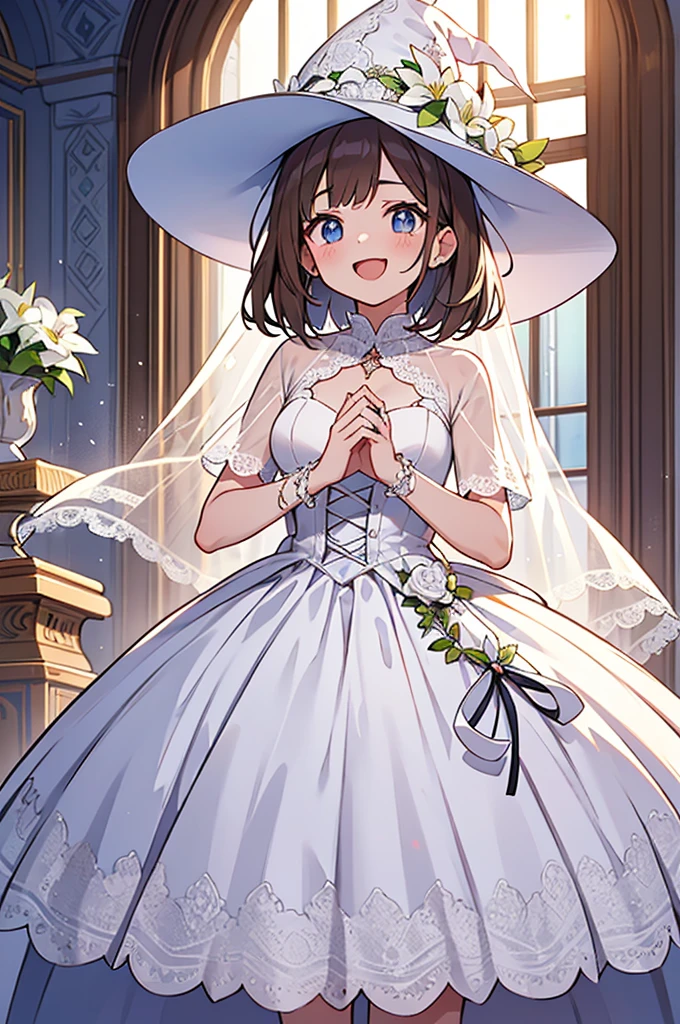Anime style,cute loli girl,cool beauty,brown short bob hair,inward hair,white shining lily wreaths halo floating overhead,(Light leaks through gaps in lace,sheer lace),
luxurious_white_lace_Witch_hat,luxurious_white_lace_witch_dress,wedding veil,fearless laughter,