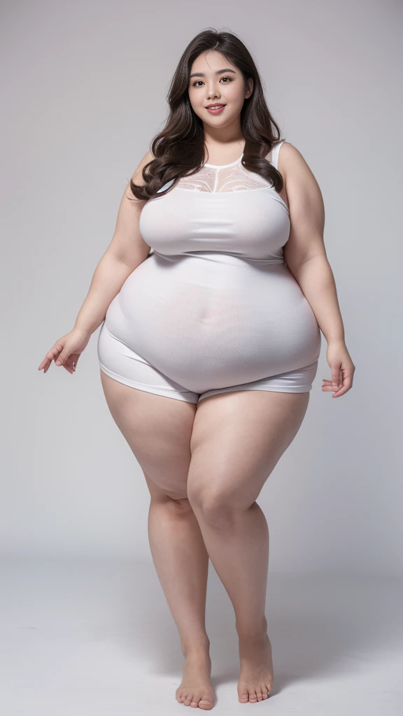 nsfw,(8k, ultra-high resolution, highest quality, masterpiece:1.2), ultra-realistic, (realistic, photorealistic:1.37), (realistic skin:1.2), ultra-detailed, Canon EOS RP, 8k, Korean mature woman, smiling,(((super obese)))、 (((super curvy,))) ((super voluptuous,)) adult model, standing still, ((full body shot)), thick ankles, (short hair), (empty space), (pale white background only),