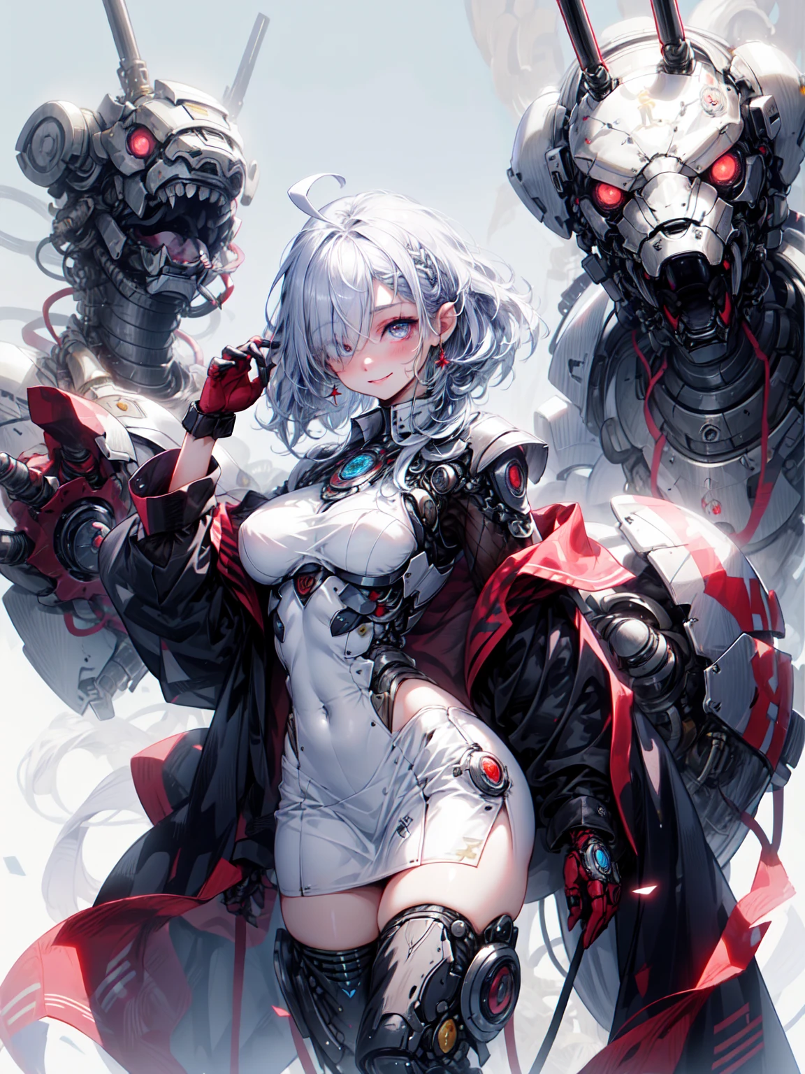(masterpiece:1.2, Highest quality), (Realistic, photoRealistic:1.4), Beautiful illustrations, (Natural Side Lighting, Cinema Lighting), Looking at the audience, Cowboy Shot、 (Front view), (One Girl:1.8), Perfect Face, Symmetrical cute face, Shiny skin, Baby Face, Long eyelashes, Big Breasts,Beautiful Hair, Beautiful Face, Beautiful and beautiful eyes, Beautiful body, Beautiful breasts, Beautiful thighs, Beautiful legs, Beautiful fingers,(Beautiful views),(かわいいsmile:1.2, Upward glance),(Grim Reaper Robe:1.5), (White cropped style), (black and white border tights:1.5), (Zettairyouiki), (mini skirt), 赤いeye shadow, eyeliner, (Sickle: 1.2),Organic Armor Cyborg、Machine Armor、Armor Texture、Blake、（Dark Elf), (1 Girl), alone, 優しいsmile、Perfect Face, Get used to it, Ahoge, ((Long Hair:1.2)), [[Messy Hair]], Shiny blonde white hair, Purple eyes, Variegated eyes, Colorful Hair, Shining Eyes, (eyelash, eye shadow, pink eye shadow), bright, smile, Design Art：Haruhiko Mikimoto, by Kawashi, by Yoshitaka Amano, （Dark brown skin）
