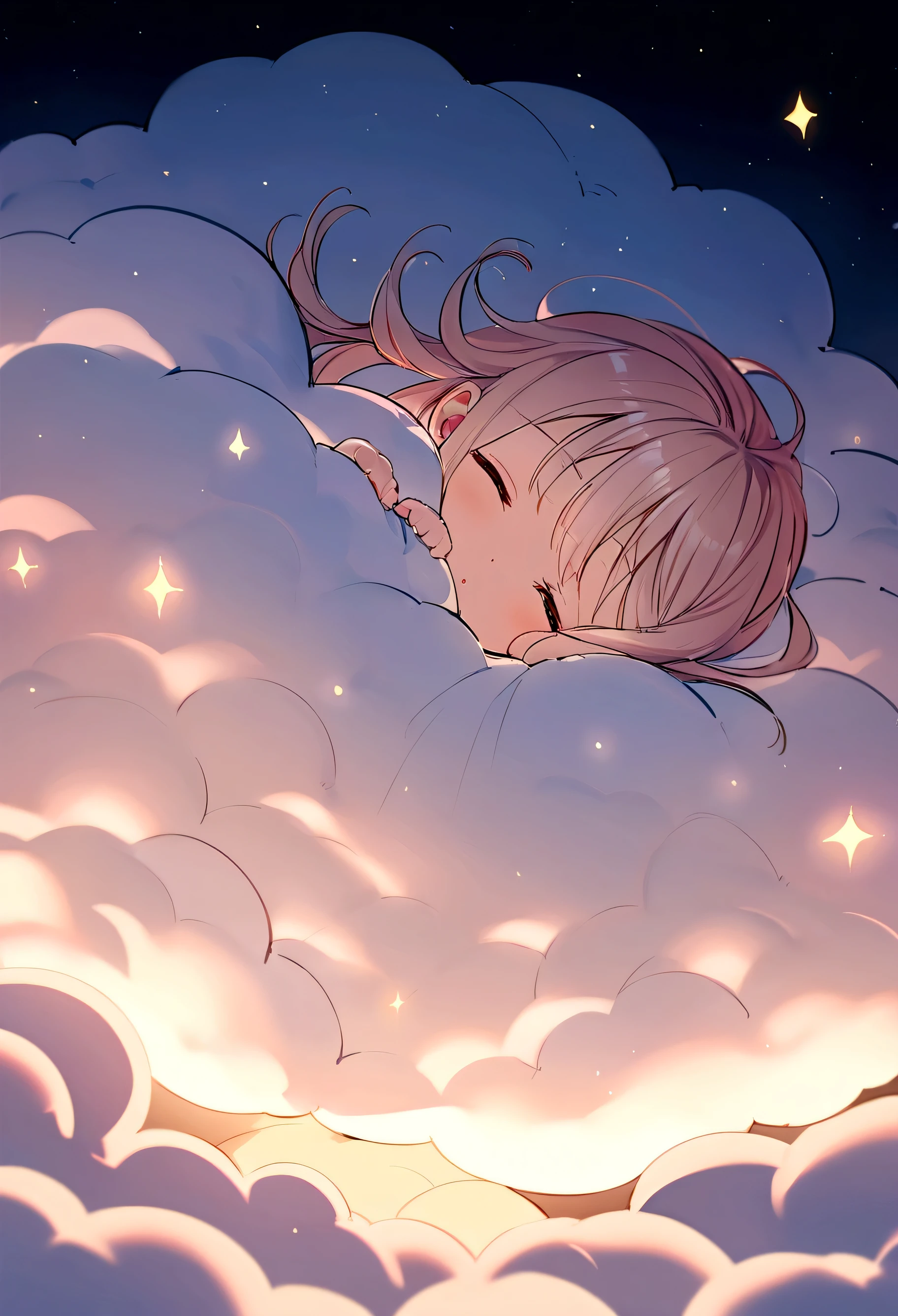 masterpiece, Highest quality, Movie Steel,A  and a kitten sleeping on a fluffy cloud futon, Cloud Girl, Floating in the sky, whole body, Luminance, happiness, Warm and soft lighting, Late Night, Sleep, うつ伏せでsleep, sleep, close your eyes. (spark:0.7)