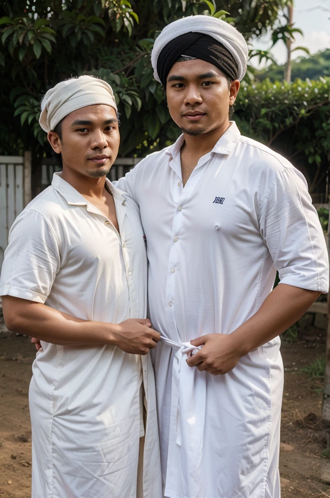 there is a plaque that says "NIO FARM" clearly read behind it, a caricature, a 25 year old Indonesian youth wearing a white songkok and tsaub shirt, standing with a 30 year old fat man wearing a white robe and shirt, white songkok, sarong and turban on his shoulders. standing. in front of the goat farm. Hyper realistic, detailed.