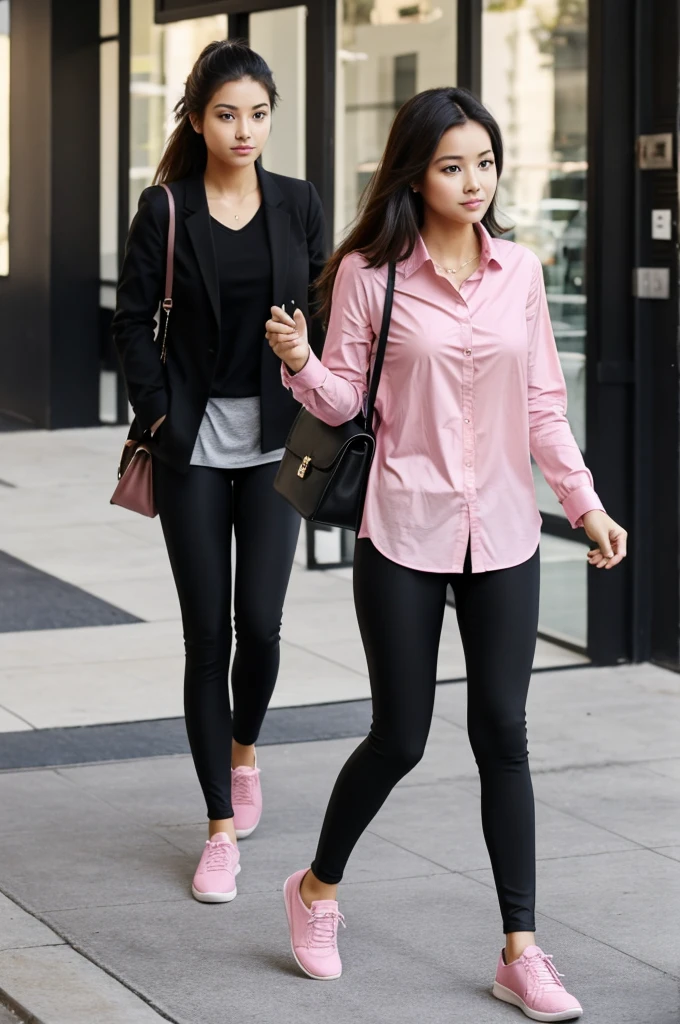 A girl wearing pink shirt with sexy black leggings and black flat shoes no heels
