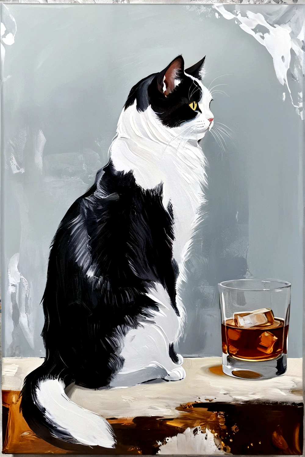 Fat Cat,whole body,bright,Black and white cat,On the table cabinet,Different backgrounds,whiskey,Transparent glass,Abstract Art,Thick Texture Paint