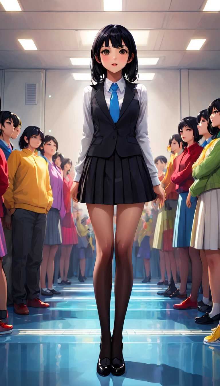 Photorealistic depiction of a beautiful girl with a perfect figure and youthful face, featuring a confused expression. She has black hair and is standing in a formal morning assembly, mistakenly greeting everyone with 'Happy Monday' on a Wednesday. Inspired by the vibrant energy of J-POP, with a cinematic composition, trending on ArtStation