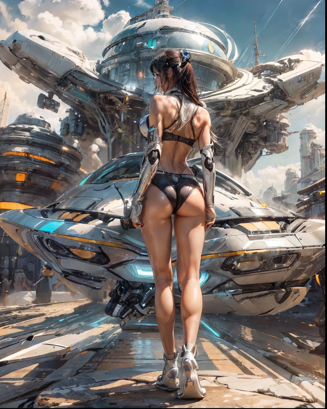 (((Camera angle of her butt))), ((wearing ultra thin translucent bikini with gorgeous muscular long legs)), ((deep brown beige white silver black Samurai aesthetics)), prismatic, reflective, ((ultra perfect flowing hairstyle)), (((huge natural breasts, tan lines))), ((perfect radiant skin color)), ((super colourful)), ((sunny day beautiful skies)), (detailed spaceship background and incredibly sci-fi retro art masterpiece), (((1:1 scale proportions))), ((science fiction)), ((chrome spaceships)), (((ultra photorealistic realism))), ((Smooth curves, clean lines, streamlined, functional aesthetics, reflective surfaces, integrated lighting, futuristic city, engraved ancient motifs)), ((acrylic plastic robot, bokeh lighting, rim lighting, shadows))