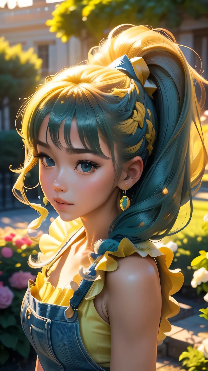 (Very detailed CG Unity 8k wallpaper, masterpiece, 最high quality, Very detailed), (Best lighting, Best Shadow, Very delicate beauty), floating, Sparkling eyes, [(head band, Earrings, (cyan: 1.5|red: 1.2) Headphones and braided pigtail hair, (Light yellow: 1.3) Overalls) :: 0.8] , (Dynamic pose)､ masterpiece, 最high quality, high quality, High resolution､(Upper body portrait)､In the garden of a mansion