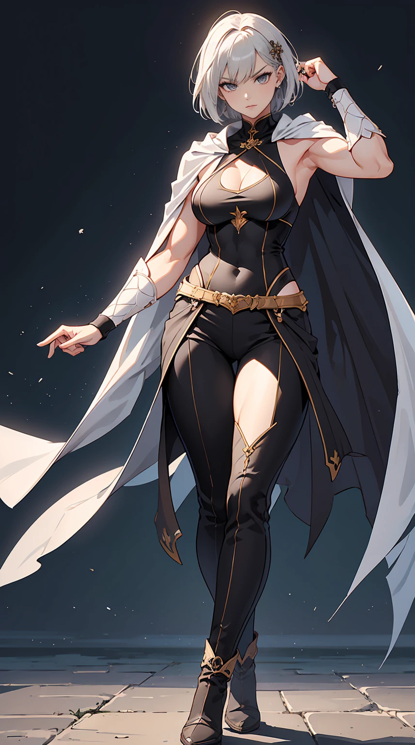 Highest quality、masterpiece、8K、Realistic、超High resolution、Very delicate and beautiful、High resolution、Fantasy、Muscle Girl、Perfect female body、Neutral women、Gray Hair、Short Hair、Toned body、Cape、Clothing with low exposure、pants、boots、cigarette、Wild Pose、Full body emphasis、Simple Background、Angry、Swordsman