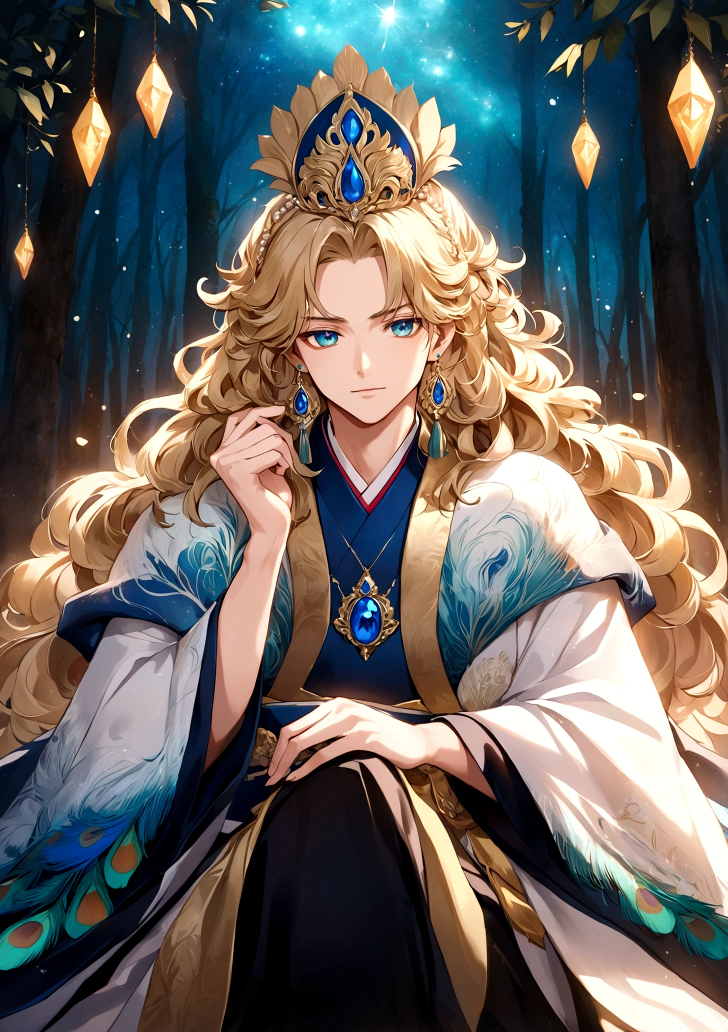individual，Beautiful painting style，handsome guy，Curly hair，Soft hair，Beautiful and dignified appearance，Contempt，Positive face，The red color seems to contain the eyes of the starry sky，，Three-dimensional facial features，Peerless face，Exquisite and gorgeous，illustration，night，，，Diamond-set gemstones have a delicate pattern，Diamond items，Gem items，Jewel headdress，Gorgeous earrings in blue gemstone metal，帝国magic师，sacred，Inviolability，，Looking down on the world， majesty，magic，A gorgeous kimono with cyan inlaid gemstones，， crystal华丽饰品，Gem items，Pearl tassels，ribbon，， Exquisite hairstyle，Birch forest，crystal，crystal，，White lilies bloom，Long eyelashes，Sitting on a stone，Soft Light，Clothes are conservative，Not exposed，feathered shawl， A kimono with exquisite patterns of the royal family，snow，The clothes are embellished with peacock feather patterns，man，handsome guy，muscle，hansome，emperor