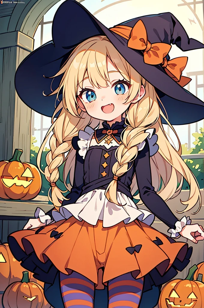 anime style,ultra detailed face,masterpiece,illustration of the cutest character,Beautiful girl anime designs for men,
small girl,12years old,witch girl,
honey blonde braided twintails hair,orange frilly witch outfit,
orange sleeveless witch clothes with pumpkin pants,hat,
striped tights,cute boyish face,laugh,