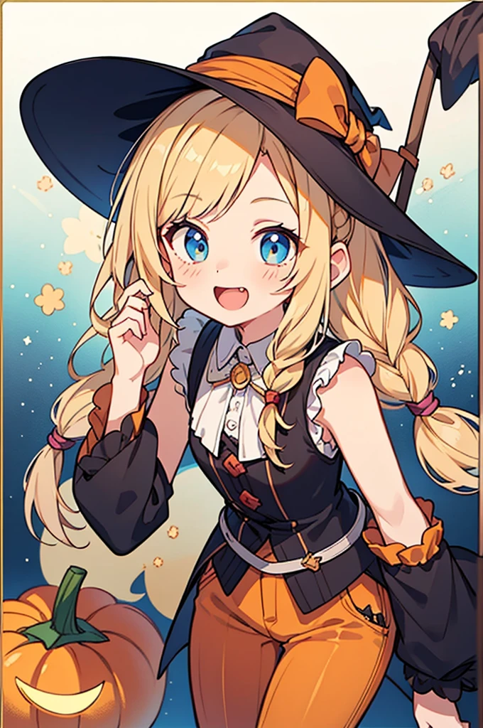 anime style,ultra detailed face,masterpiece,illustration of the cutest character,Beautiful girl anime designs for men,
small girl,12years old,witch girl,
honey blonde braided twintails hair,orange frilly witch outfit,
orange sleeveless witch clothes with pumpkin pants,hat,
striped tights,cute boyish face,laugh,