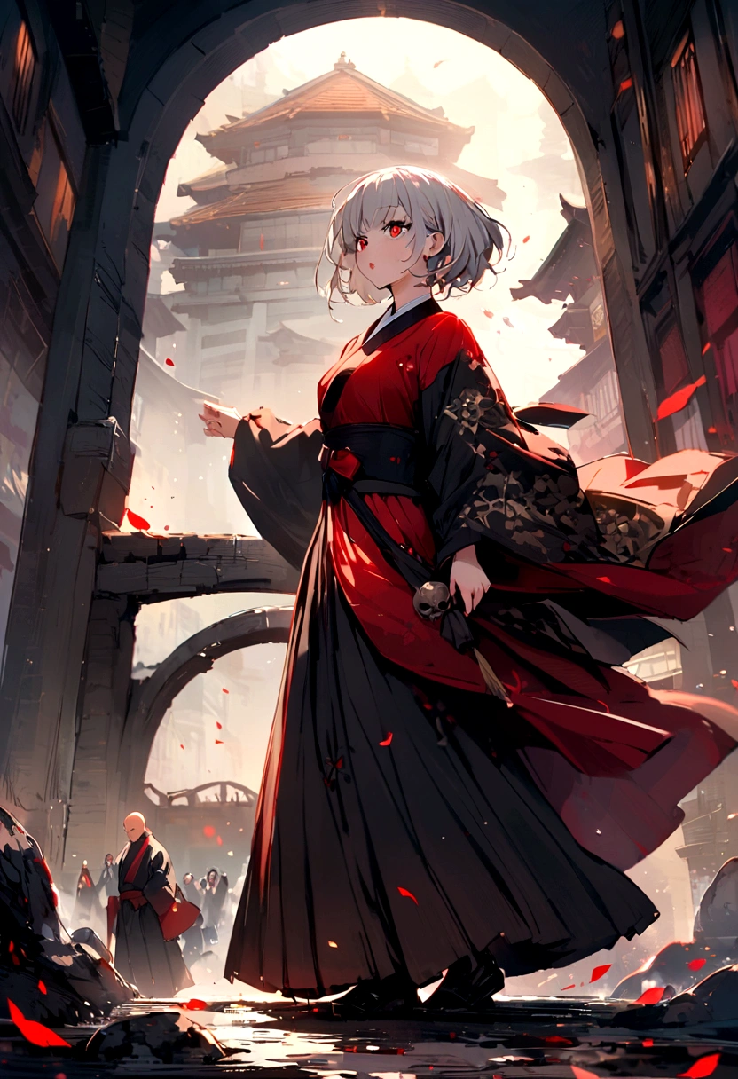 Japanese Yokai「Red Nyudo」Please draw。Red Nyudoは大きな赤い顔を持ち、He looks like a tall monk.。It is bald, has sharp eyes and a large mouth.。In the background is an old bridge、Red Nyudoが女性を驚かせるシーンを描写してください。