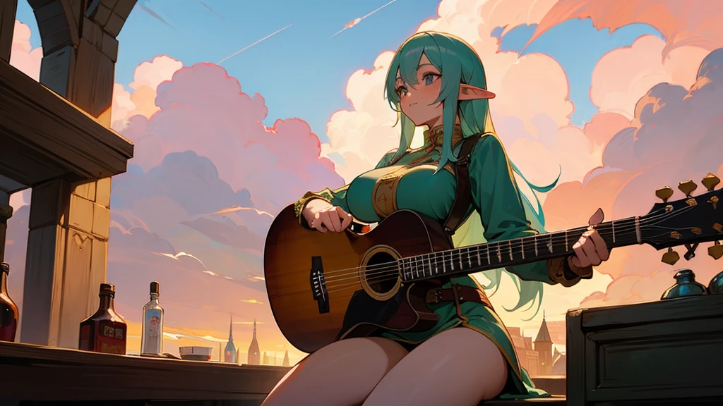 Anime Style,Nostalgic,Detailed background,The medieval world,A lively bar with lots of people,Beautiful sky,Beautiful Elf Bard,guitar,Large Breasts,Healthy thighs