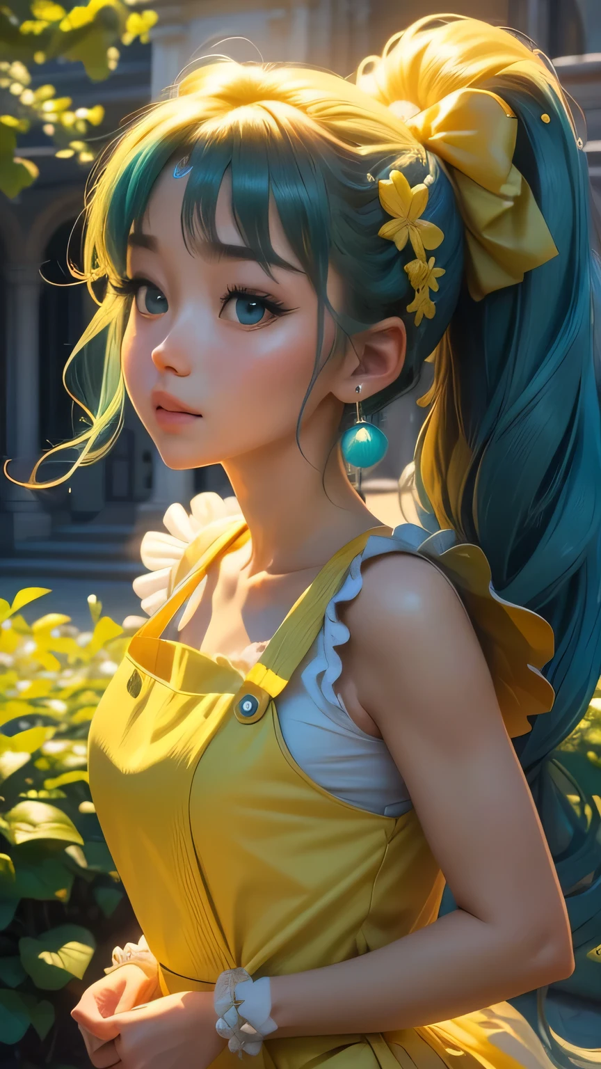 (Very detailed CG Unity 8k wallpaper, masterpiece, 最high quality, Very detailed), (Best lighting, Best Shadow, Very delicate beauty), floating, Sparkling eyes, [(head band, Earrings, (cyan: 1.5|red: 1.2) Headphones and braided pigtail hair, (Light yellow: 1.3) Overalls) :: 0.8] , (Dynamic pose)､ masterpiece, 最high quality, high quality, High resolution､(Upper body portrait)､In the garden of a mansion