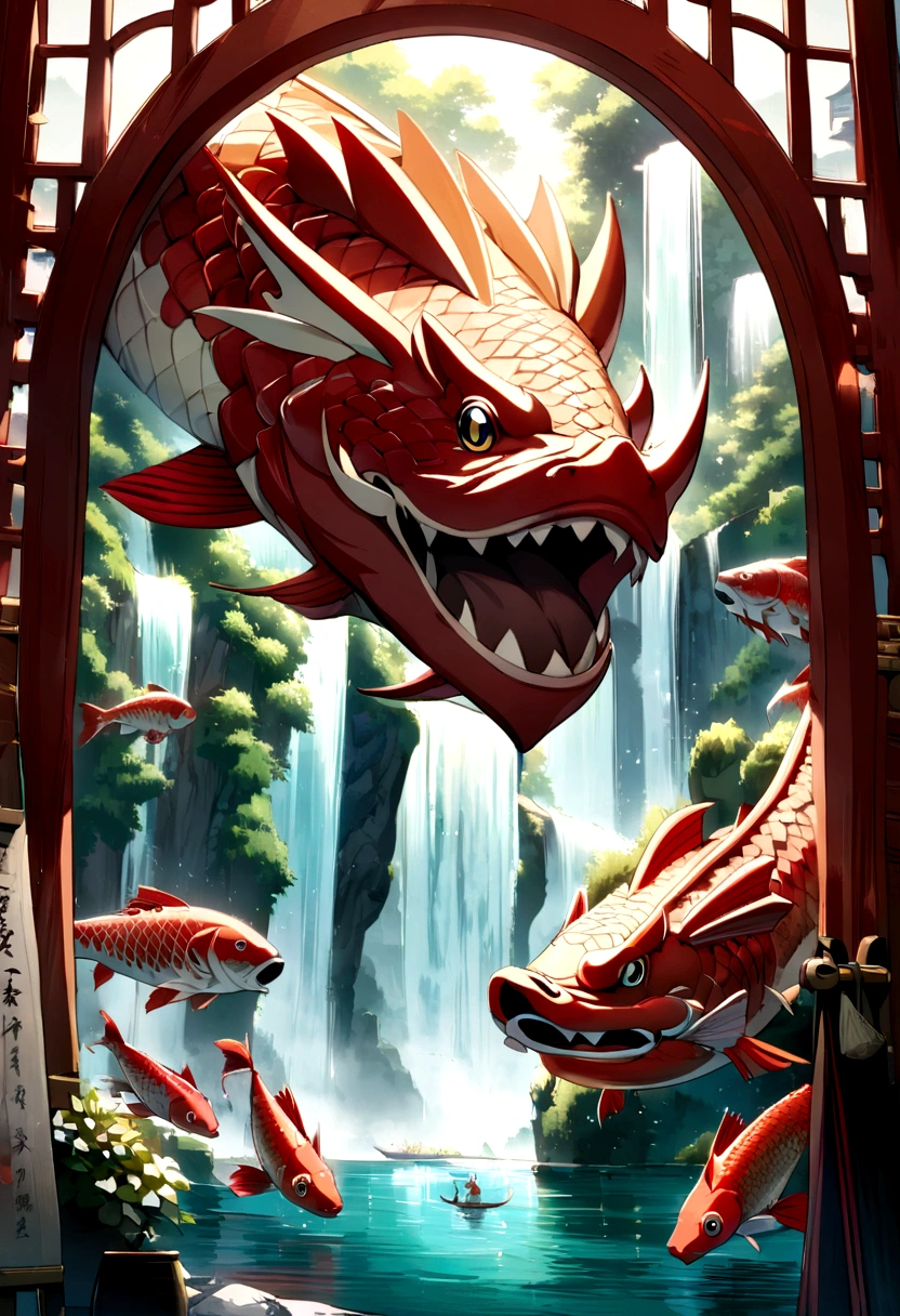 Carp passes through the dragon gate, turns into a dragon-headed carp, China's dragon is very beautiful, Large depth of field perspective, Vivid waterfall effects and details, Excellent image quality, Resolution High