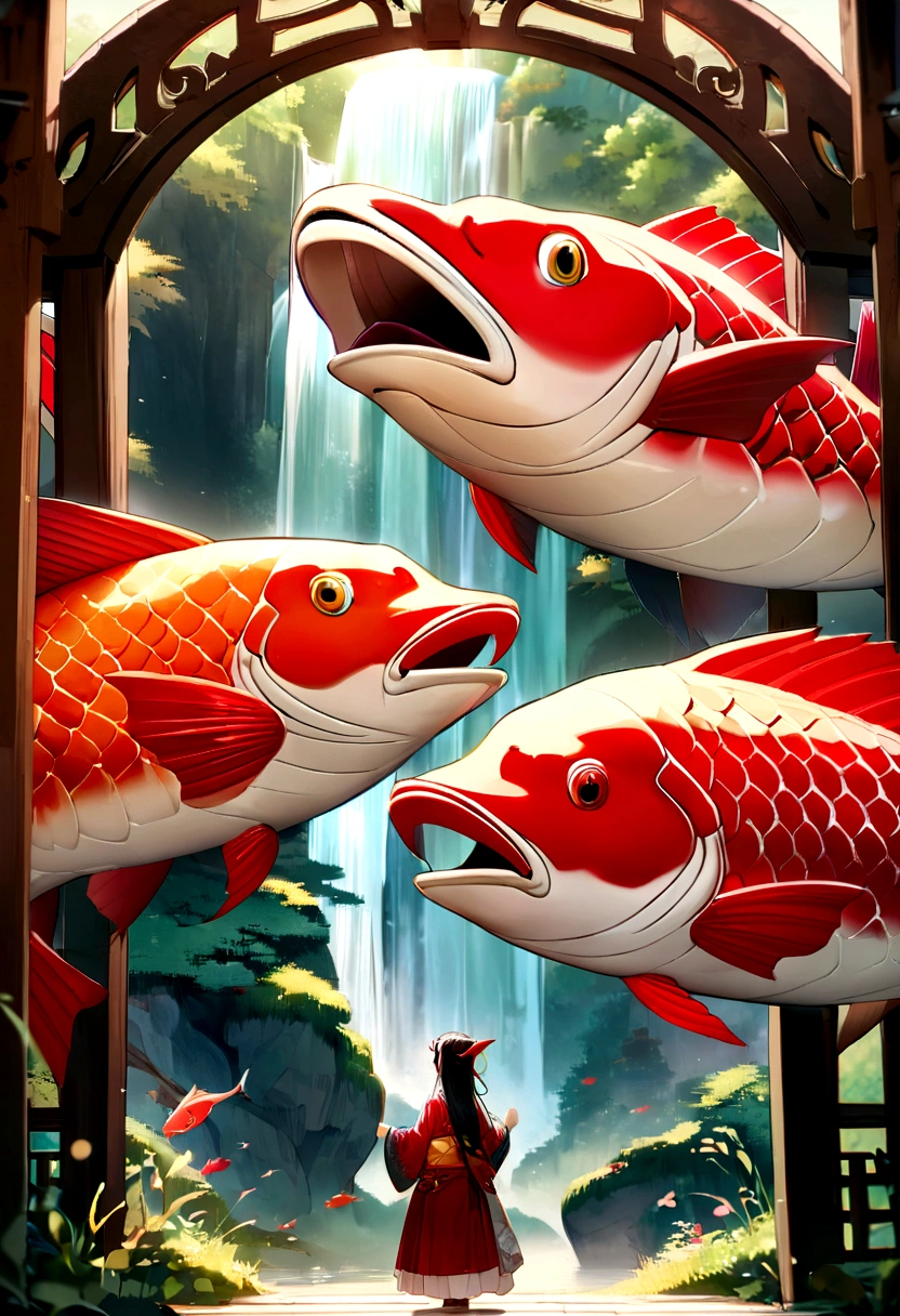 Carp passes through the dragon gate, turns into a dragon-headed carp, China's dragon is very beautiful, Large depth of field perspective, Vivid waterfall effects and details, Excellent image quality, Resolution High
