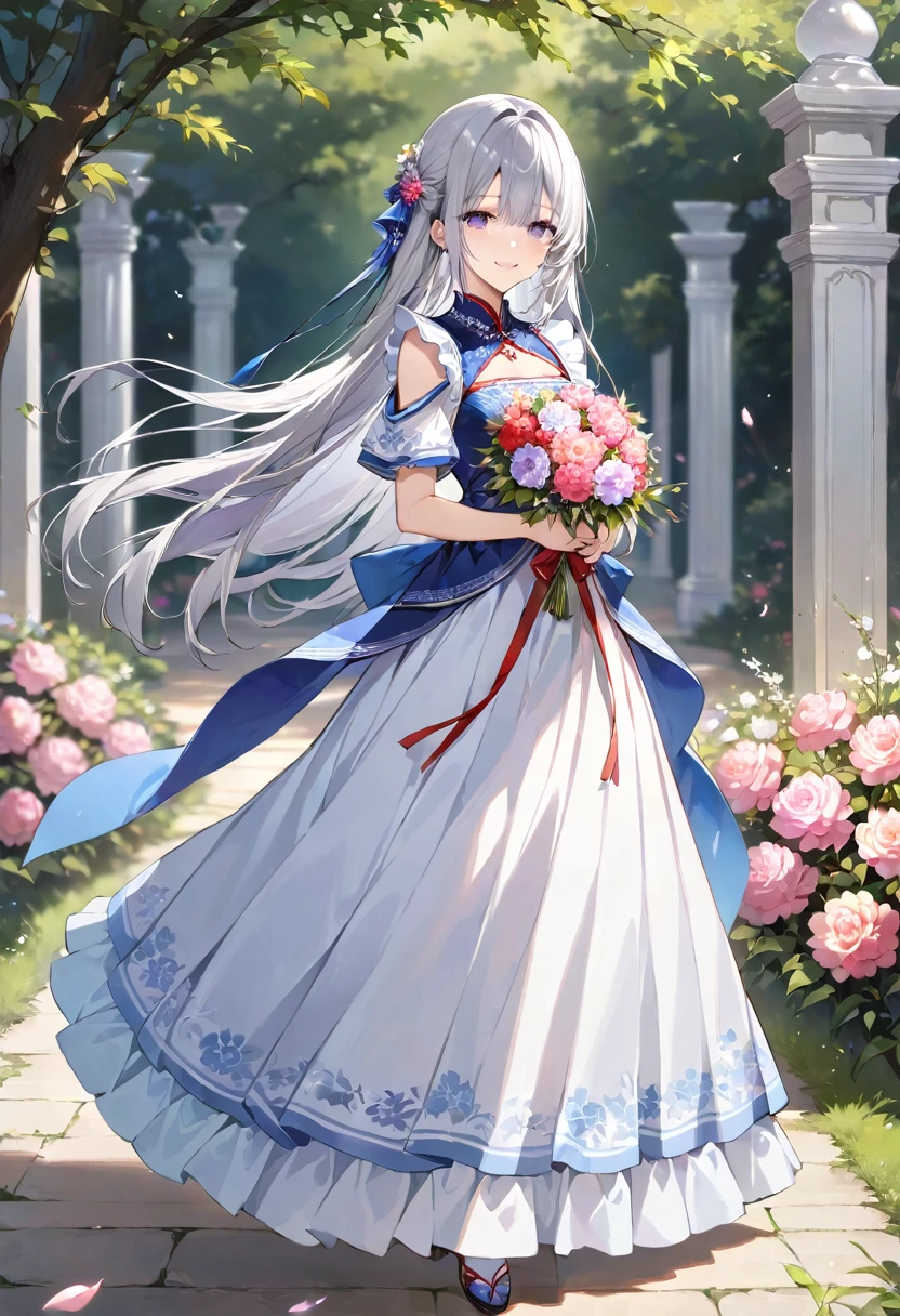 masterpiece, best quality, ultra detailed, sparkling eyes, Girl with long silver hair standing in beautiful flowery garden, A slight smile, She has a large bouquet, Cute national costume style dress, There are ruffles on the shoulders, Hair fluttering in the wind