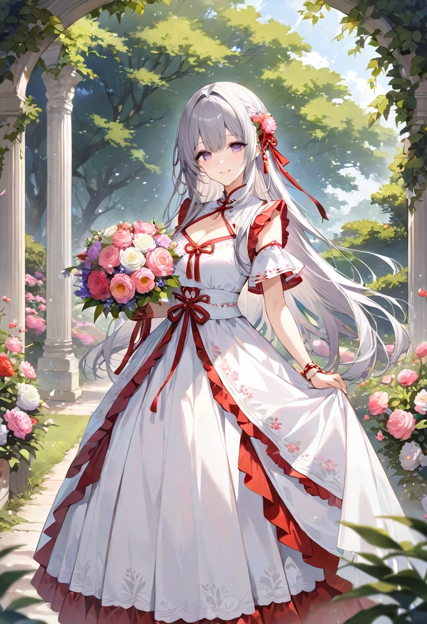 masterpiece, best quality, ultra detailed, sparkling eyes, Girl with long silver hair standing in beautiful flowery garden, A slight smile, She has a large bouquet, Cute national costume style dress, There are ruffles on the shoulders, Hair fluttering in the wind