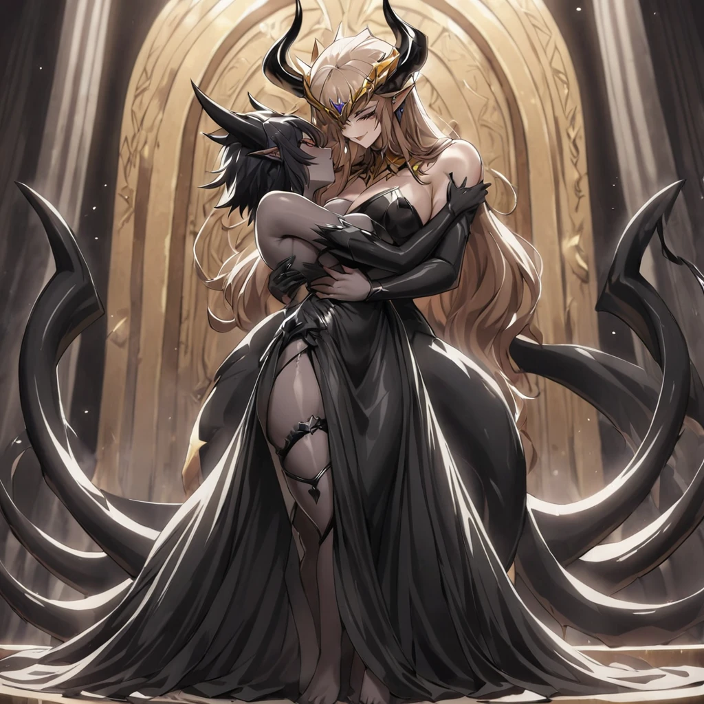 ((Highest quality)), ((masterpiece)), (detailed), （Perfect Face）、The woman is a jet-black female demon with magnificent demon horns and a jet-black tail, her skin is the same black as the Demon King, she is wearing a provocative and luxurious jet-black dress of the Demon Queen, her name is Princess Leona, and she has medium-long light brown hair.、A woman is embracing and passionately kissing her beloved husband, a powerful demon king.、A strong demon king is embracing and kissing his wife, the demon queen Leona, in front of a gorgeous demon altar.