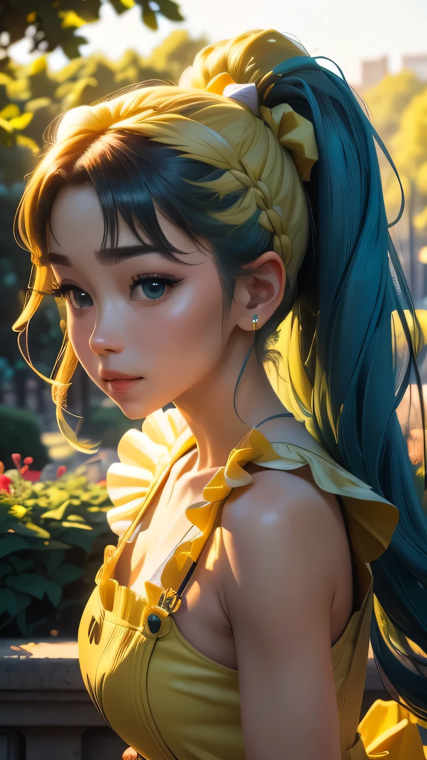 (Very detailed CG Unity 8k wallpaper, masterpiece, 最high quality, Very detailed), (Best lighting, Best Shadow, Very delicate beauty), floating, Sparkling eyes, [(head band, Earrings, (cyan: 1.5|red: 1.2) Headphones and braided pigtail hair, (Light yellow: 1.3) Overalls) :: 0.8] , (Dynamic pose)､ masterpiece, 最high quality, high quality, High resolution､(Upper body portrait)､In the garden of a mansion