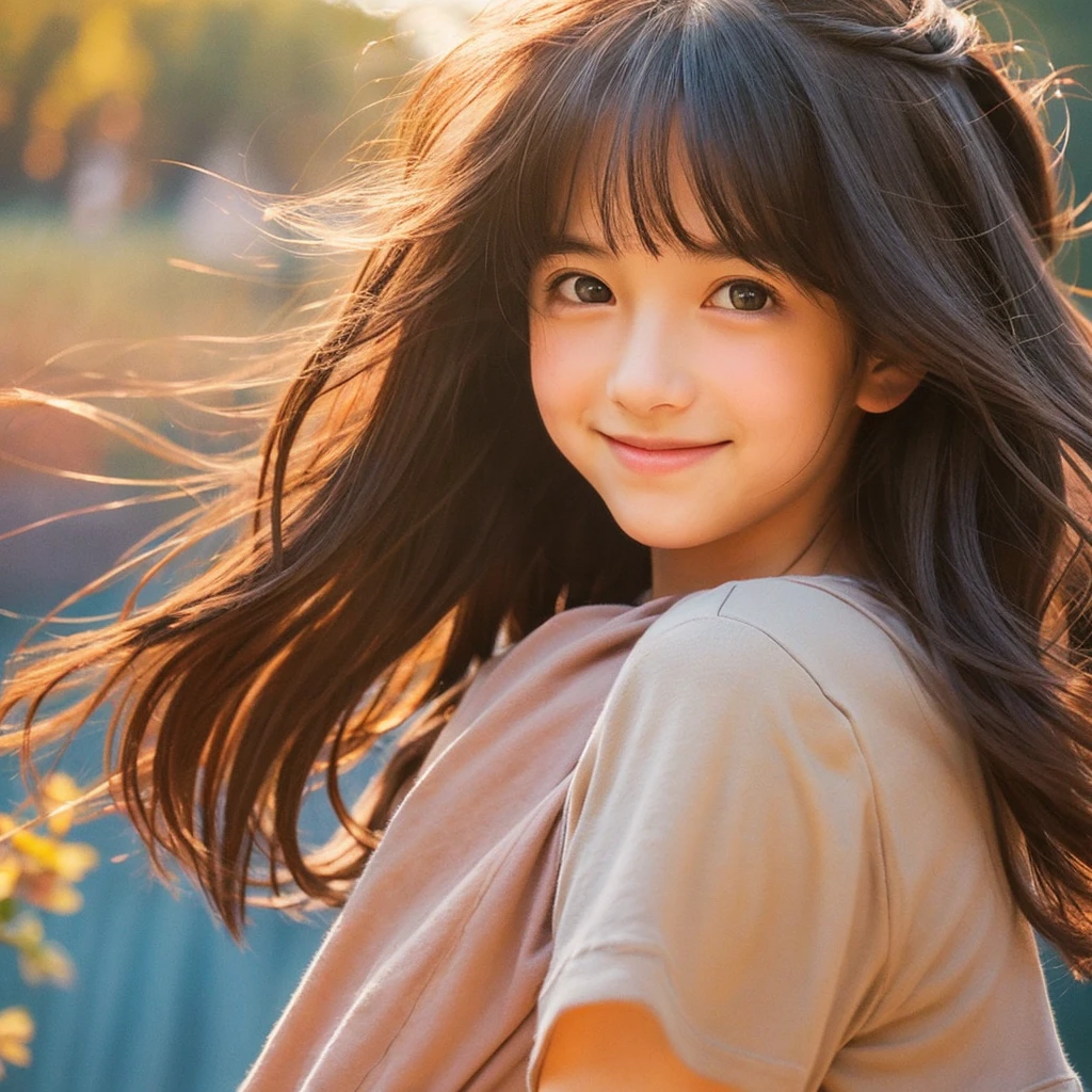 Create a portrait of a girl in the Ghibli style, Her expression should be soft and gentle, With a warm and kind smile. A combination of warm and cool colors is preferable for the background., Enhance a girl&#39;s hair. She should be wearing a blue lace dress with detailed embellishments., Adding elegance to her appearance. The overall atmosphere of the artwork is bright.、It should be attractive, Capture the girl&#39;s sweet and friendly demeanor.　Draw the whole body"