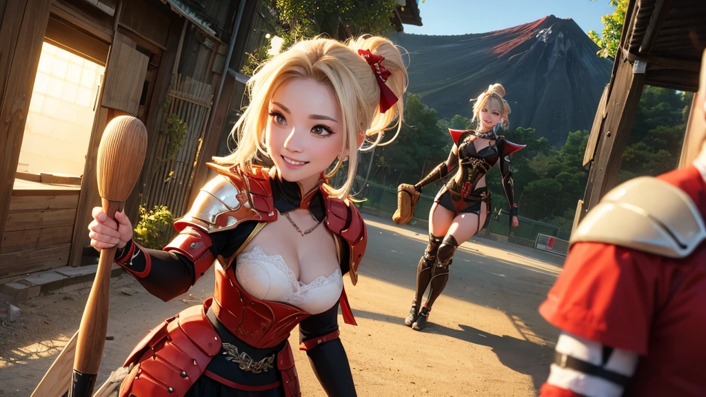 (2heads:1.3), zetadef, braid, hair intakes, twintails, hairband, red armor, shoulder armor, skirt, thighhighs, gauntlets, belt, midriff, cleavage, smug face, on the deck of a wooden airship flying, blue sky, clouds, photograph, realistic, beautiful, absurdres, high quality, 4k, 8k, 1girl, solo, dynamic angle, arms folded, standing, ((close-up)), ((half-body shot))