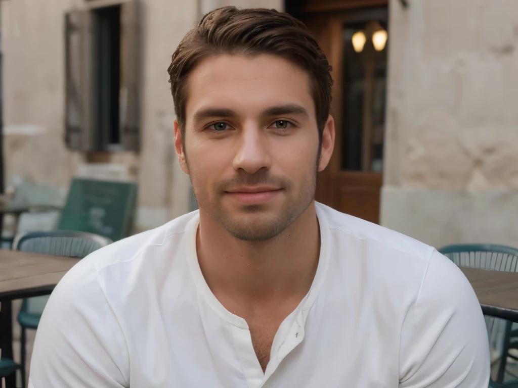 (((full shot, upper body, handsome 35 year old desirable caucasian man with distinguished features sitting at a cafe table in Venice, Italy))), (white shirt, Jenas, white sneakers), (light brown medium length hair, cropped sides, clean shaved face, intriguing green eyes), muscular build, tall height, seductive smile with a gentle expression, detailed depiction of facial features, perfectly symmetrical face, bright outdoor lighting masterfully accentuates his excellent features