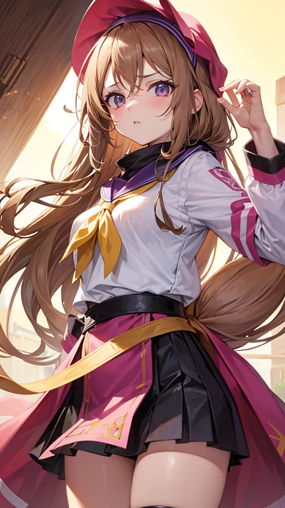 please create a picture of an anime girl with light brown hair and eyes, and a lilac Clan outfit, with a bandana on his forehead, and loose hair