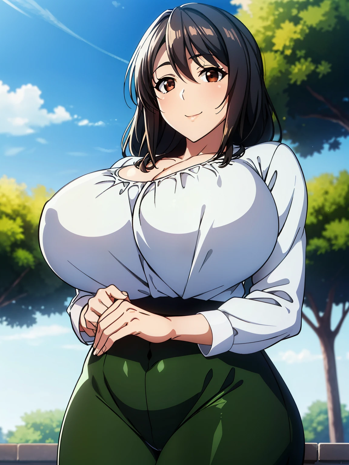 (超High resolution,4K,Very detailed, photograph, 8K, High resolution, High resolution, Absurd:1.2),35-year-old Japanese woman,Mature Body,expensive,(Long black hair:1.4),Beautiful character design,Beautifully detailed eye depiction,Perfect Face,Expressive eyes,Brown eyes,(smile:1.2),White blouse,Tight knit skirt,(Huge saggy breasts:1.2),Tight waist,In the garden,Daytime,Cowboy Shot