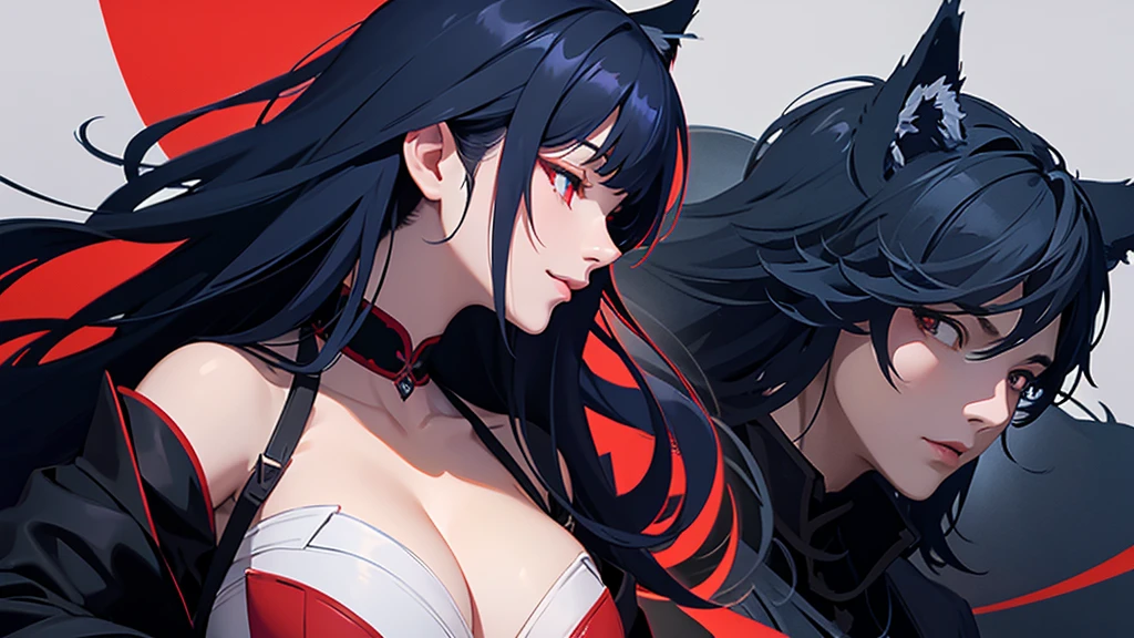 A close-up of her cleavage from a profile angle。
Young face。Smiling and looking up。
Assassin holds his weapon。
Dark Background。
Long blue hair and wolf ears。Red eyes。
Clothes with main color black and sub color red。
Draw hands in detail。