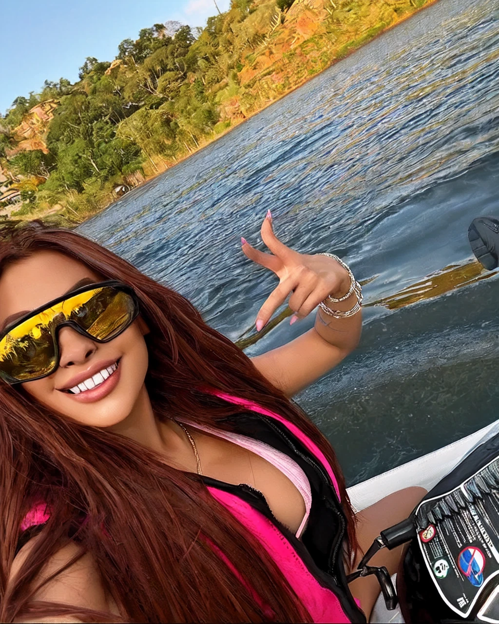 Shakira is beautiful, smiling happily, wearing crop top and shorts, riding a jet ski, with mountains in the distance