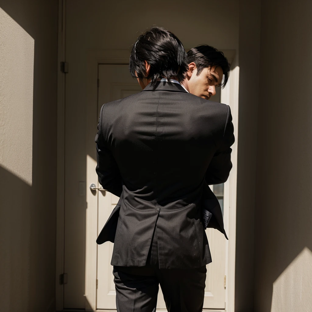 Anime black-haired man wearing a suit with his back turned